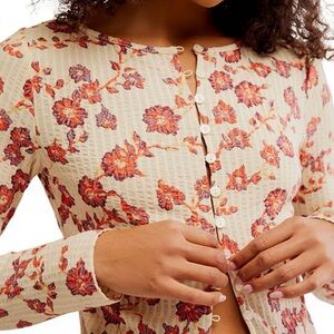 Free People Floral Button-Up Top - Cream and Red